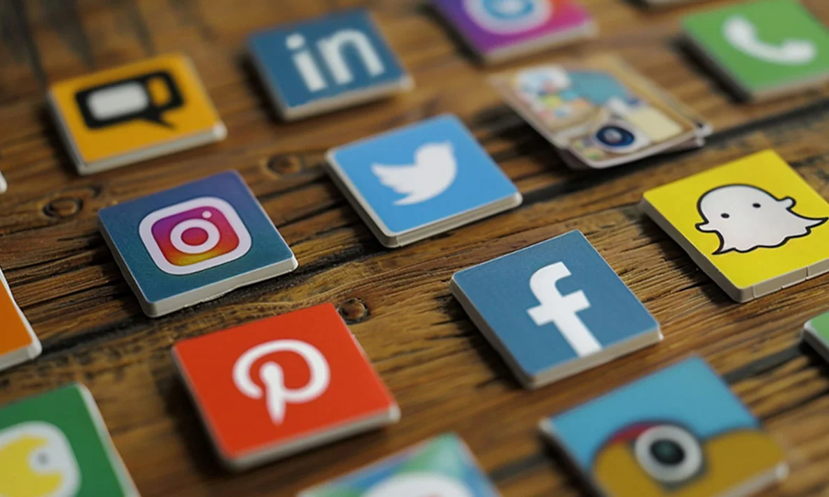 A digitális marketing / online marketing meghatározó része a szociális média, a jelentősebb ikonok láthatóak az asztalon