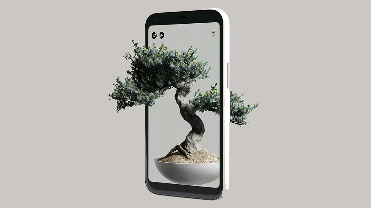 Egy bonsai fa nő ki térben egy telefonból mindkét oldalon