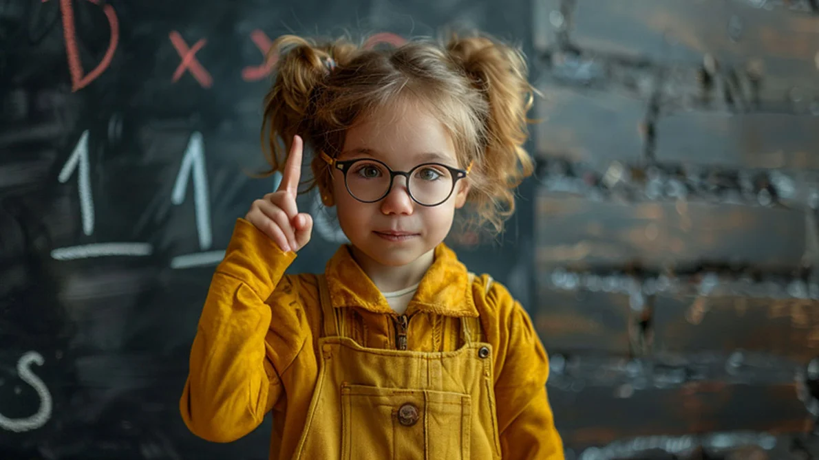 Digitális marketing, online marketing 1 x 1: szemüveges kislány egyet mutat az ujjával