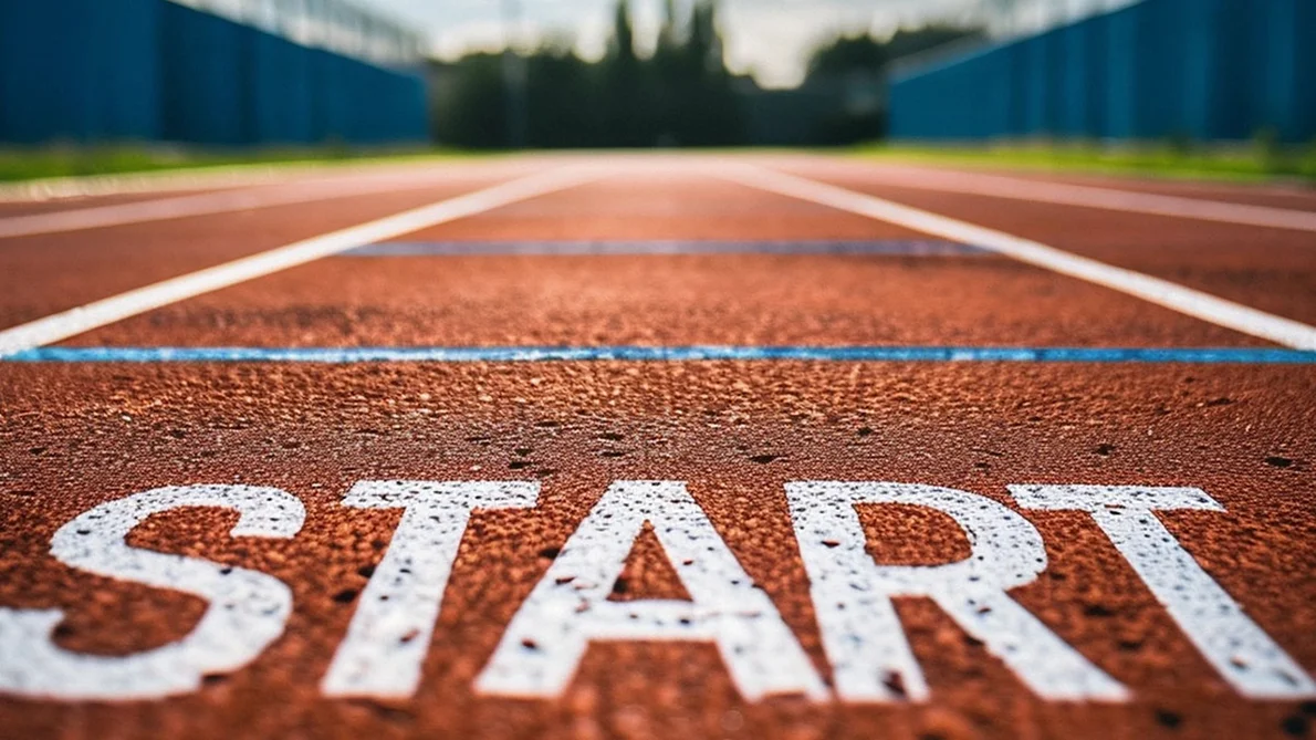 Közeli kép: Start vonal a futópályán.