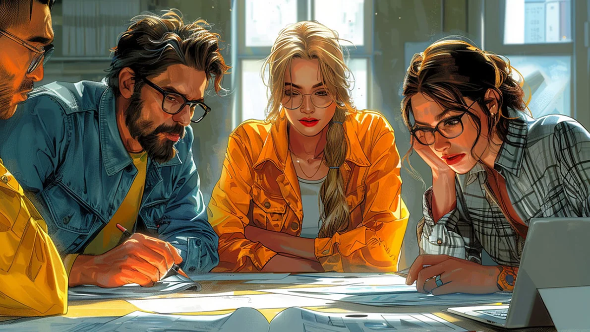 Digitális marketing dolgozói, egy csapat fejlesztő a tervezőasztalnál