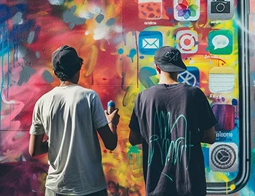 Mobile first design: Két graffiti művész egy iPhone-t fest a falra