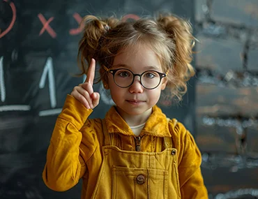 Digitális marketing, online marketing 1 x 1: szemüveges kislány egyet mutat az ujjával