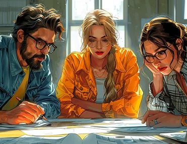 Digitális marketing dolgozói, egy csapat fejlesztő a tervezőasztalnál