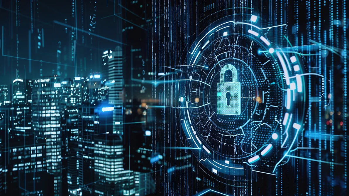 Kiberbiztonság illusztráció, lakat a hálózat közepén