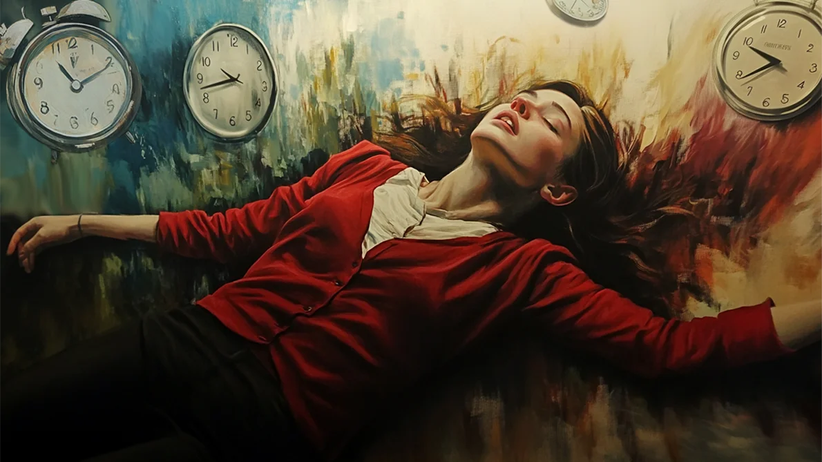 Vörös kardigánban alvó nő, faliórák mellette