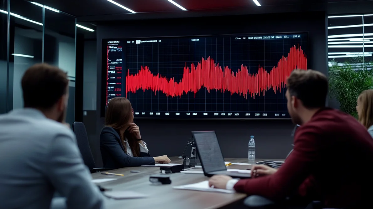 Négy munkatárs a veszteséget mutató grafikont nézi