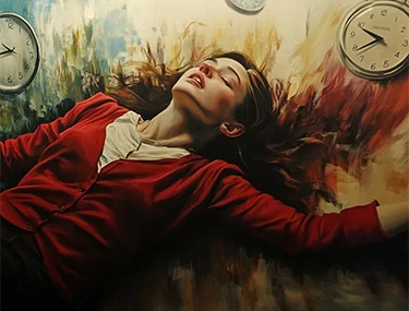 Vörös kardigánban alvó nő, faliórák mellette