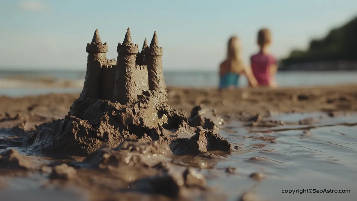 Sárból készült vár a vízparton