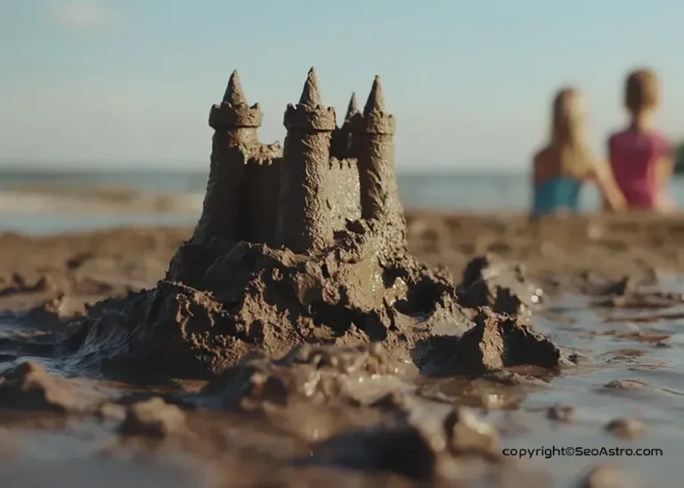 Sárból készült vár a vízparton